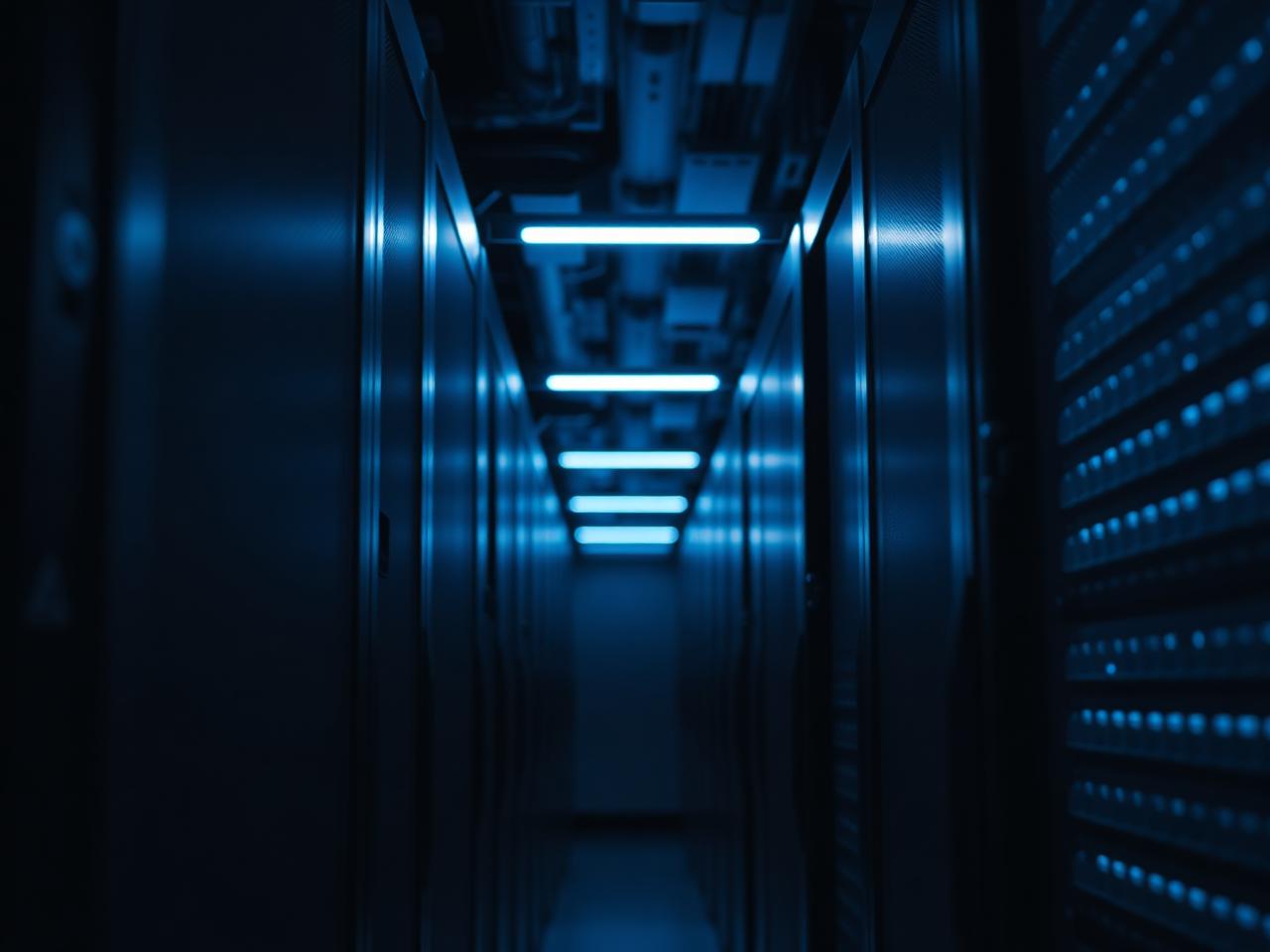Dark data center corridor with racks